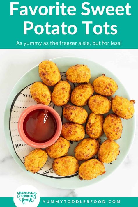 Favorite Sweet Potato Tots Potato Recipe For Toddler, Sweet Potato Tots Recipe, Potato Recipe For Kids, Sweet Potato Tater Tots, Sweet Potato Baby Food, Sweet Potato Tots, Raw Sweet Potato, Potato Tots, Toddler Dinner