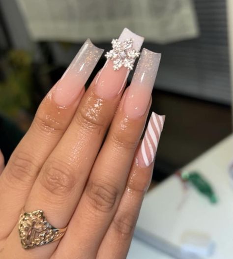 #winter #holiday #longnails #winternails #snowflake #pinknails #glitternails Snowflake Charm Nails, Winter Nails With Charms, Winter Wonderland Quinceanera Theme, Winter Themed Nails, Winter Wonderland Quinceanera, Winter Wonderland Nails, Sweet 16 Winter Wonderland, Sweet 16 Nails, Sweet 16 Winter