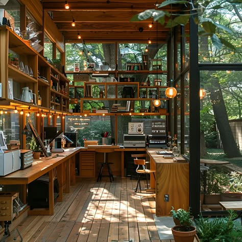 Workshop: Size, Functionality, Uses, Furniture And Renovation 27 Solarium Office, Wood Working Aesthetic, Workshop Space Design, Atelier Aesthetic, Workshop Design Studio, Two Desks, Backyard Art Studio, Large Glass Windows, Nature Desk