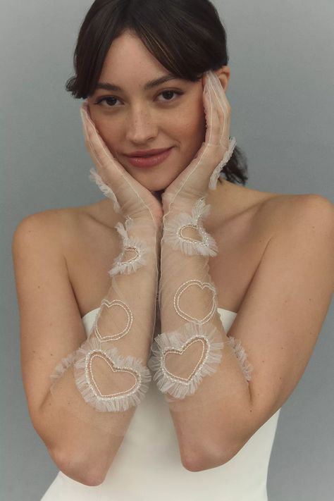 Enaura Beaded Ruffle Tulle Heart Gloves | Anthropologie Wedding Lace Gloves, White Valentines Aesthetic, Unique Bridal Accessories, Ethereal Accessories, Heart Gloves, Valentine Aesthetic, Therapy Thoughts, Sheer Gloves, Valley Green