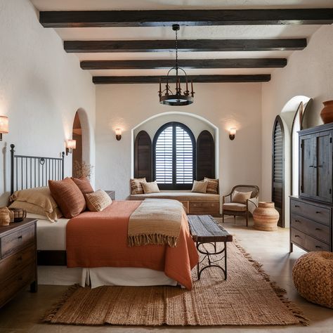 Spanish Colonial House 💖💛💖 Spanish Colonial Windows, Spanish Colonial Office, Spanish House Bedroom, Mexican Hacienda Interior, Spanish Hacienda Bedroom, 1920s Spanish Bungalow, Hacienda Style Bedroom Master Suite, La Spanish Style Home, Old Spanish Style Homes Interior