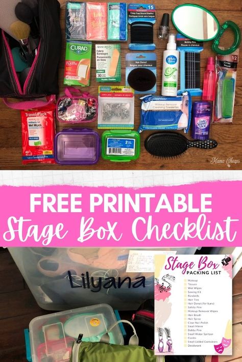 Whether you have a ballerina heading to her dance recital, or a young actor debuting in a theatrical production, being prepared is a MUST! Check out our best tips for what to pack in a stage box and grab our free printable supply checklist! We put this box together for our daugher's performances. It's a helpful way to store her supplies and costumes for each show! #dance #theatre #diy #mamacheaps #printable Dance Survival Kit, Dance Competition Checklist, Dance Competition Bag, Dance Competition Makeup, Theatre Diy, Stage Box, Dance Recital Costumes, Dance Convention, Dance Team Gifts