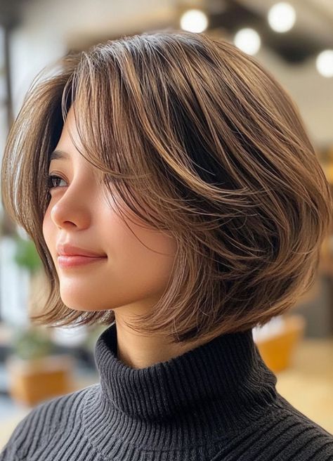 Layered Bob Haircut, Sleek Modern Subtle Layered Bob Smooth Bob, Layered Bob Haircut, Chin Length Cuts, Stacked Haircuts, Subtle Layers, No Bangs, Modern Bob, Hair Styles And Color, Balayage Bob