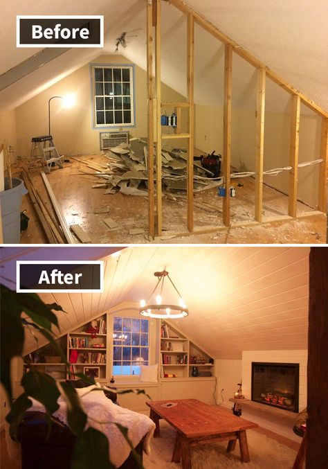 Attic Renovation Start To Finish Attic Before And After, Small Attic Renovation, Attic Makeover, Attic Renovation Ideas, Attic Lighting, Finished Attic, Modern White Bathroom, Small Attic, Attic Conversion