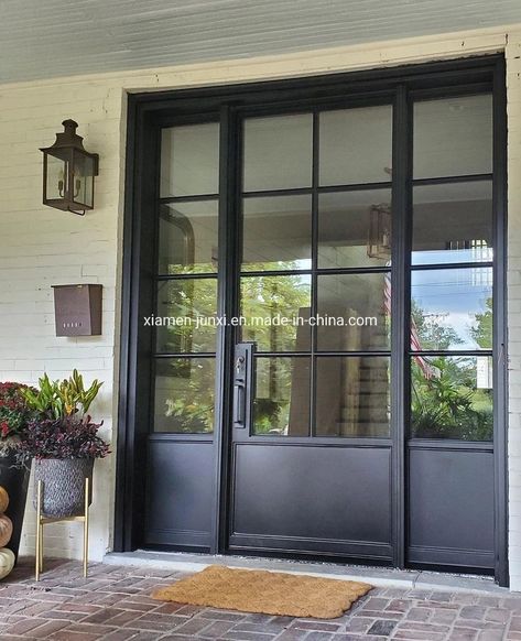 Front Exterior Doors Modern Farmhouse, Lion Iron Doors, Black Metal Front Door Entrance, Cool Front Doors Modern, French Door Main Entrance, French Metal Doors, Black Steel Doors Entrance, Iron And Glass Doors, Steel Doors Exterior Front Entry