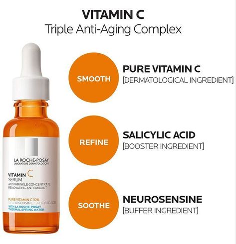 Anti aging facial serum with 10% Pure Vitamin C + Salicylic Acid & Neurosensine. Rich serum texture leaves skin feeling softer and more hydrated. Skin looks more radiant and visibly refined. Allergy tested formula with fragrance. Pure 10% Vitamin C serum visibly boosts skin’s radiance while reducing the look of wrinkles & refining skin texture. Tighten Neck, Tighten Neck Skin, Face Massage Techniques, Facial Serums, Throbbing Headache, Haut Routine, Vitamin C Face Serum, Anti Aging Vitamins, Anti Aging Face Serum