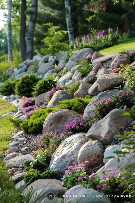 Large Rock Landscaping Ideas, Unique Landscaping, Landscaping On A Hill, Rock Landscaping Ideas, Front Garden Landscape, Sloped Backyard, Landscaping Retaining Walls, Rock Landscaping, Rock Garden Design