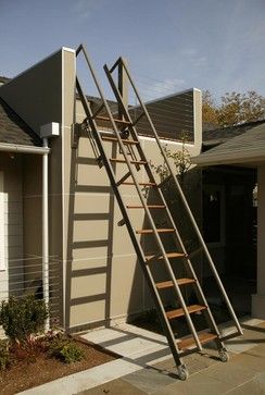 Pull Out Ladder Design Ideas, Pictures, Remodel and Decor Retractable Stairs, Ladder Ideas, Outside Stairs, Rooftop Patio Design, Stair Ladder, Exterior Home Design, Building Stairs, Roof Ladder, Rooftop Design