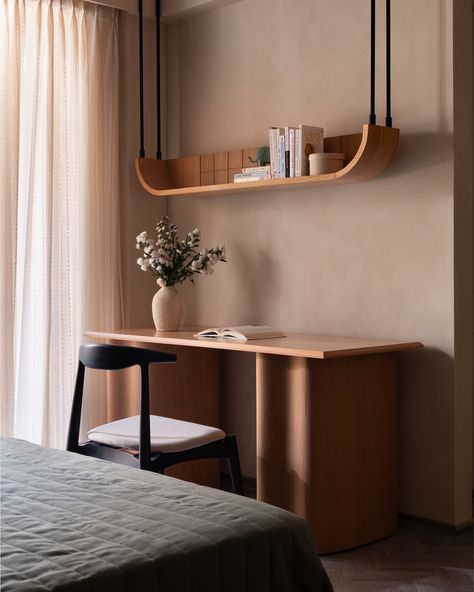 When reading desks are a requirement, we work a charm like this 😍 Just like the rest of the room, we kept the table minimal yet added bespoke legs that make a statement ❤️ Aligning the base to the curves used throughout the home, we created this masterpiece. A ceiling hung shelf completes the set up in perfect usability and aesthetics 🥰 . Photo credit: @nayansoni21 . . #studioipsa #workstation #studydesk #interiordesign #interiordesignideas #texturepaint #interiordesigninspiration #inte... Work Desks, Study Table Designs, 20 Aesthetic, Study Room Design, Workspace Inspiration, Study Table, Work Desk, Shelf Design, Home Room Design