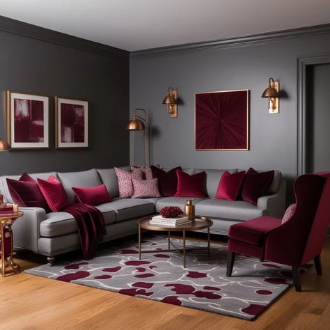 25 Stunning Grey Living Room Ideas for a Stylish and Modern Space - Style Zuri Red Living Room Decor Luxury, Modern Red Living Room, Grey Living Room With Red Accents, Red And Charcoal Living Room, Maroon And Gray Living Room, Burgundy Cream And Gold Living Room, Gray Burgundy Living Room, Grey And Red Living Room Ideas, Small Uk Living Room Ideas