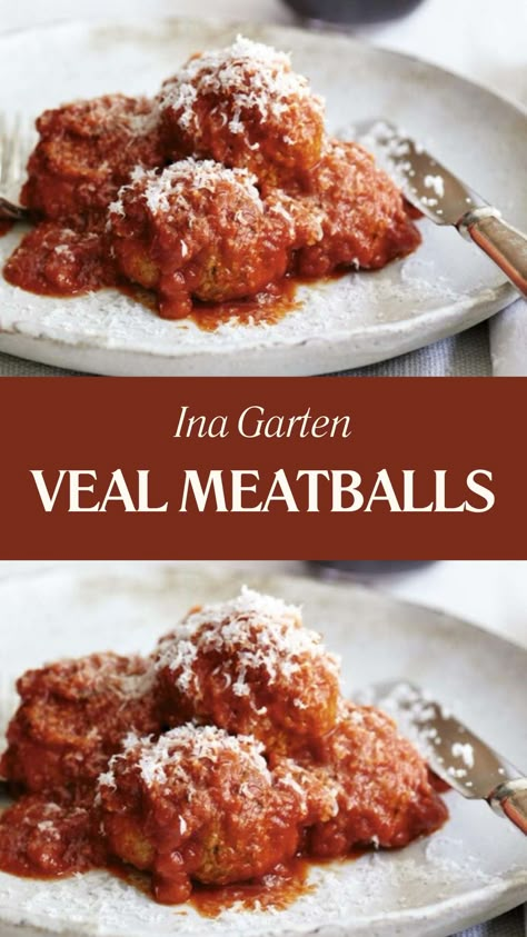 Ina Garten Veal Meatballs Veal Minced Meat Recipes, Veal Meatballs Italian, Ina Garten Meatballs, Veal Meatballs Recipe, Ground Veal Recipes, Ina Garten Dinner, Veal Parmesan Recipe, Hamburger Meatballs, Ground Veal