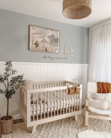 gender neutral nursery ideas Wall Panels Nursery, Neutral Nursery With Panelling, Shiplap Wall In Nursery, Nursery Wanescoating Accent Wall, Half Wall Nursery Ideas, Teal Green Nursery, Vertical Shiplap Wall Nursery, Bead Board Wall Nursery, Shiplap In Nursery