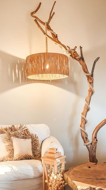 Tree Trunk Lamp, Earthy Lamps, Boho Lamp Shades, Tree Branch Lamp, Peloton Room, Tree Lamps, Home With Color, Thai Spa, Wooden Floor Lamp