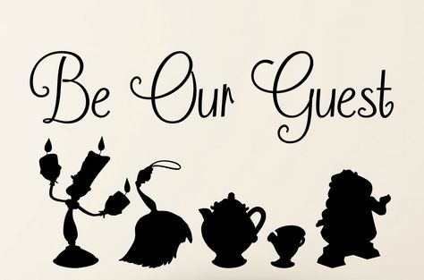 Disney Beauty and the Beast Be our Guest Beauty and the Beast wall Decal  Quote and Silhouette  Vinyl Wall Decal Art by TannersCreekDesigns on Etsy https://www.etsy.com/listing/218208395/disney-beauty-and-the-beast-be-our-guest Fera Disney, Silhouette Disney, Deco Disney, Disney Silhouette, Disney Silhouettes, Beauty And The Beast Party, Disney Rooms, Images Disney, Beauty And Beast