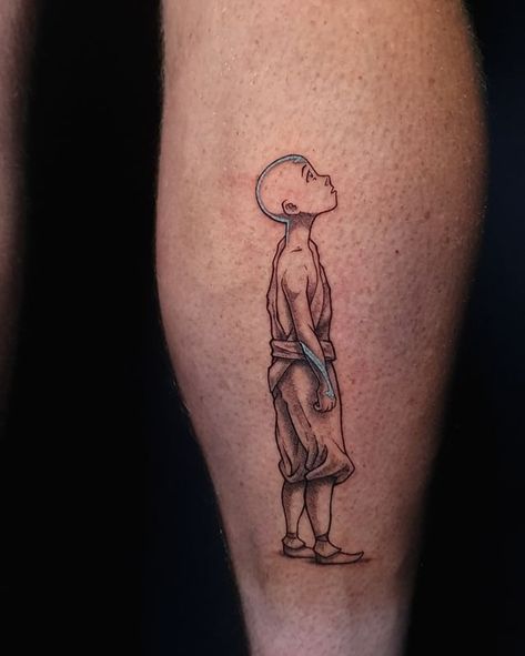 Aang from Avatar the last airbender done by @aliid_a | Instagram Airbender Symbol Tattoo, Avatar Uncle Iroh Tattoo, Avatar The Last Air Bender Tattoo Ideas, Avatar Korra Tattoo, Avatar Aang Tattoos, Atla Tattoo The Last Airbender, Avatar The Last Airbender Tattoo Ideas, Atla Tattoo Design, Uncle Iroh Tattoo