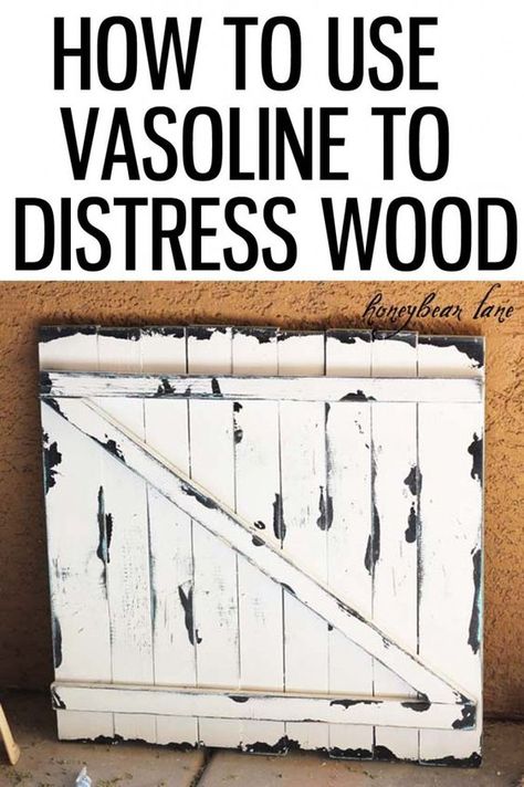 How to use Vasoline to distress wood. Interesting idea! From honeybearlane.com. Distress Wood, Distressing Painted Wood, Wooden Desk Chairs, Projects To Make And Sell, Diy Projects To Make And Sell, Distressing Wood, Wood Furniture Design, Diy Wall Shelves, Diy Project Ideas