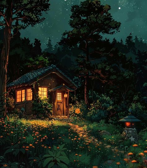 Cottage In The Woods Illustration, Witch Cottage Illustration, Garden At Night Illustration, Cabin In The Woods Illustration, Cabin In The Woods Wallpaper, Cozy Illustration Art, Bathhouse Art, Cabin In The Woods Painting, Cottage At Night