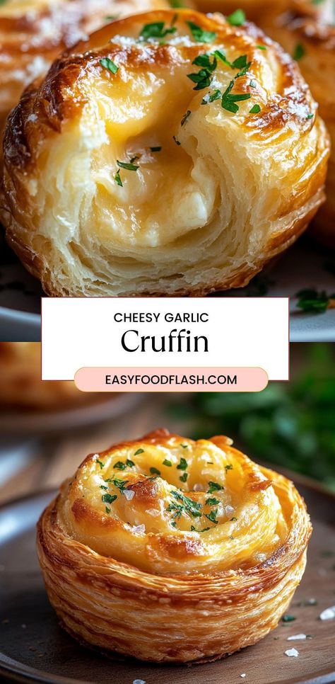 This delightful recipe combines crescent roll dough with a cheesy, garlic-chive filling for buttery, flaky rolls baked to perfection. Perfect as a snack or side dish! Crescent Roll Side Dish Recipes, Crescent Flat Sheet Recipes, Cheesy Garlic Crescent Rolls 12 Tomatoes, Cheesy Garlic Cruffins, Crescent Roll Garlic Bread, Cruffins With Crescent Rolls, Bread Appetizer Recipes, Crescent Roll Ideas, Cheesy Garlic Crescent Rolls