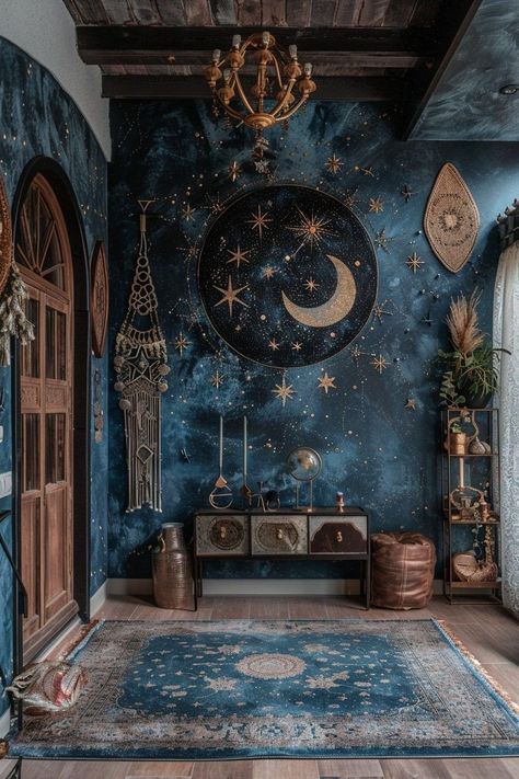 Mystic Home Decor, Celestial Living Room Decor, Night Sky Decor, Celestial House Decor, Cool Entryway Ideas, Blue Walls Decor, Blue And Silver Home Decor, Mirror On Floor, Moon Themed Room