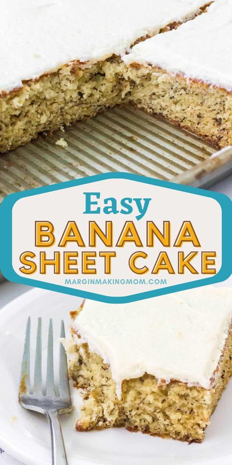 This homemade banana sheet cake is a classic southern dessert made with ripe bananas, for a delightfully sweet treat that serves a crowd! It's easy to make and disappears fast! Banana Sheet Cake, Banana Sheet Cakes, Cake With Frosting, Banana Recipes Overripe, Fluffy Frosting, Butter Pecan Cake, Banana Bars, Impressive Desserts, Sugar Frosting