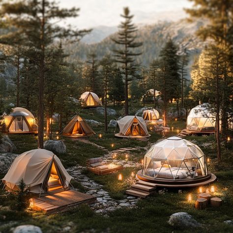 🌲✨ Glamping Goals: Explore the Tent of Your Dreams! 🏕️🌳 Forget boring hotel rooms - it's time to take your next adventure to new heights (literally!) with these stunning glamping tents. From cozy bell tents to futuristic geodesic domes, the options for luxury outdoor living are endless. Imagine drifting off to sleep in a plush yurt, or waking up immersed in a tree canopy oasis. The only hard part? Deciding which one fits your glamping vibe! Discover your perfect match: 🏕️ Safari Tents: Exotic... Yurt Glamping, Glamping Inspiration, Comfy Bedding, Yurt Camping, Glamping Cabin, Luxury Outdoor Living, Tree Tent, Bell Tents, Glamping Tents