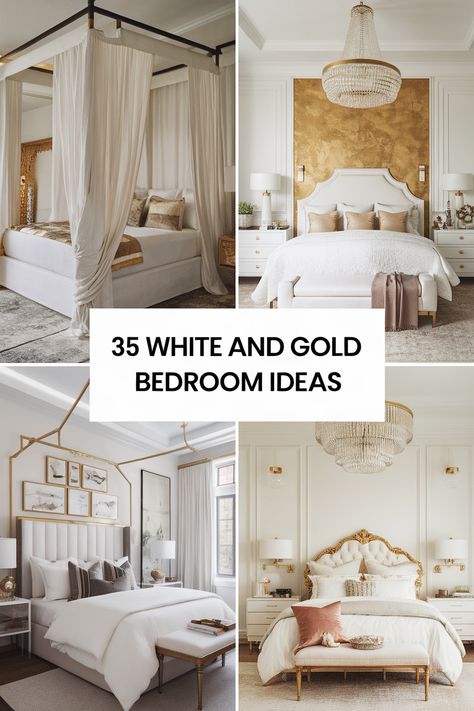 Create a sophisticated and stylish teenage girl bedroom with a white and gold color scheme. Explore elegant ideas featuring crisp white walls, gold accent furniture, and shimmering metallic details. Discover tufted white headboards with gold trim, ornate gold mirrors, and crystal chandeliers. Embrace white bedding with gold patterns, gilded artwork frames, and plush white rugs with gold accents to create a glamorous and inspiring space. Gold Room Ideas Bedrooms, White And Gold Master Bedrooms Decor, White Gold Bedroom Ideas, Cream And Gold Bedroom Ideas, White And Gold Bedroom Ideas, Bedroom With Gold Accents, Cream And Gold Bedroom, White Gold Room, Gold Accents Bedroom