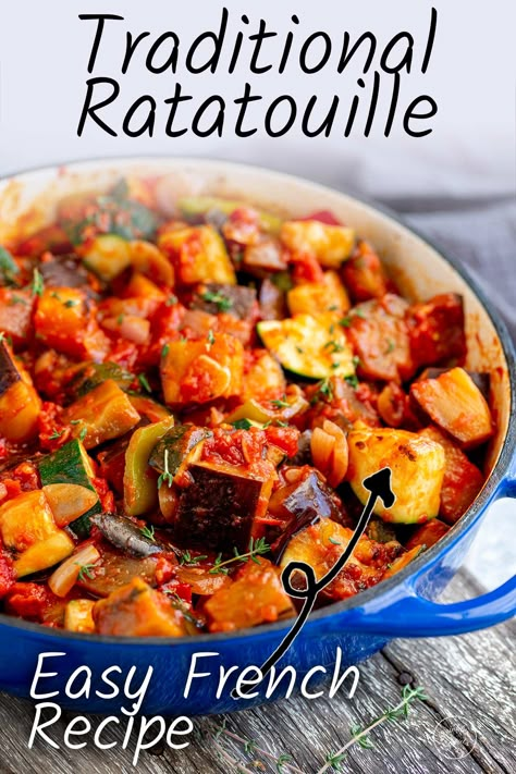 This Easy French Ratatouille is a rich and delicious vegetarian dish full of flavors and is perfect for serving as a main or a side. Making ratatouille is not as difficult as it may seem. This classic French dish is easy to make and is a great way to use up some of those summer vegetables. Plus, the recipe is so flexible! You can adapt it depending on the availability of ingredients or to suit your family's tastes. A simple dish perfect for late summer! Grilled Ratatouille Recipe, Simple Ratatouille Recipe, Slimpod Recipes, French Lunch Recipes, Ratatouille Gnocchi, French Vegetable Recipes, Ratatouille Casserole, Vegetable Ragout Recipe, Ratatouille Recipe Easy