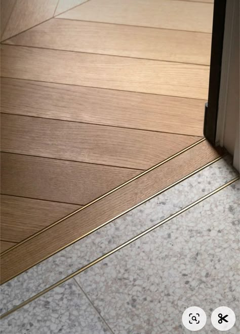 Wood Floor To Wood Tile Transition, Entrance Hallway Flooring Ideas, Transition From Wood To Tile Floor, Wood Floor Tile Transition, Creative Floor Transitions, Tiles To Wood Floor Transition, Integrated Door Mat, Bathroom Parquet Floor, Doorway Floor Transition Ideas