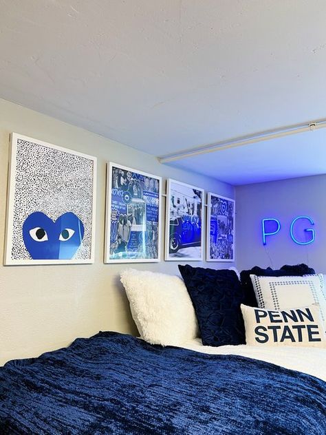 Blue And Black Dorm Room Ideas, Penn State Room Decor, Grey And Blue Room Ideas Bedroom, Penn State Aesthetic Dorm, Wvu Dorm Room, Dark Blue Dorm Room Aesthetic, Dorm Room Aesthetic Blue, Dorm Inspiration Blue, Royal Blue Dorm Room Ideas