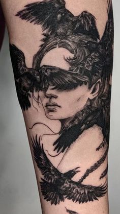 Blackwork Tattoo Style, Moody Tattoo Aesthetic, Feminine Raven Tattoo, Fine Line Crow Tattoo, Crow Tattoo Sleeve, Dark Feminine Tattoo Ideas, Mysticism Tattoo, Femme Fatale Tattoo Ideas, Gothic Tattoo Sleeve