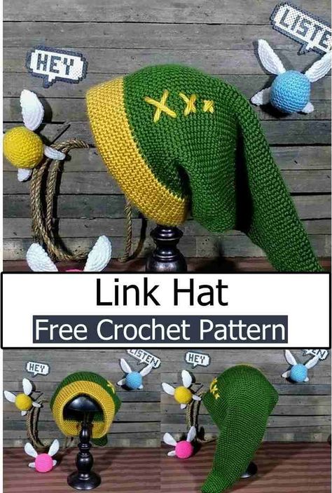 Learn How To Crochet Link Hat Crochet Pattern For Beginners Crochet Jets Hat, Long Hat Crochet Pattern, Crochet Link Hat Pattern Free, Bat Crochet Hat, Snorlax Hat Crochet Pattern, Link Crochet Hat Zelda Free Pattern, Link Hat Crochet, Crochet Medusa Hat, Free Crochet Character Hat Patterns