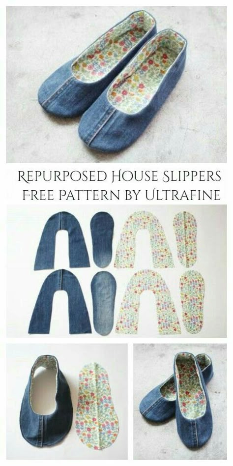 Återvinna Jeans, Sewing Slippers, Diy Slippers, Blue Jeans Crafts, Fabric Sewing Patterns, Sew Ins, Slippers Pattern, Denim Crafts, Shoe Pattern