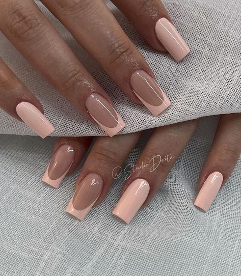 40 Best French Tip Nail Designs to Inspire You Nail Design Neutral Colors, Nail Designs Neutral Colors French Tips, Peach Tips Acrylic Nails, Peach Almond Nails With Design, Light Orange Nails Peach, Peach Dip Nails, Peach French Nails, Peachy Nails Designs, Tan French Tip Nails