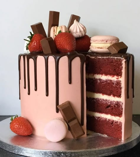 Red Velvet Chocolate Drip Cake | Party Cakes Gallery Chocolate Cake Designs Birthday, Drip Cake With Strawberries, Drip Cake With Macarons, Cake With Strawberries On Top, Dolly Cakes, Cake With Macarons, Velvet Birthday Cake, Red Velvet Birthday Cake, Birthday Drip Cake