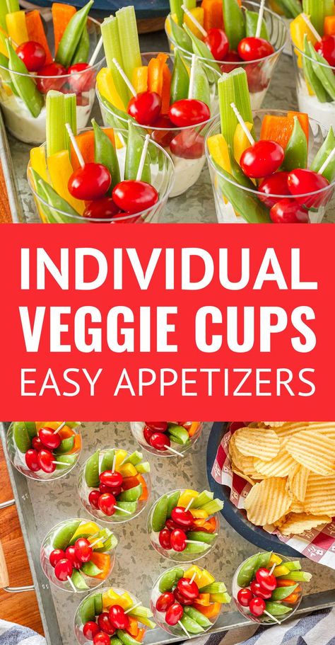 Individual Veggie Cups -- forget the same old veggie tray ideas, these little veggie cups are the perfect individual appetizers in cups for any occasion... Think baby showers, graduation parties, birthday parties, cookout, tailgates, etc. An easy vegetarian appetizer, these party snack cups make for easy cleanup and NO double dipping!! | vegetable tray ideas | veggie appetizers | vegetable appetizer | veggie appetizer Party Food In A Cup Appetizers, Vegetables In A Cup With Ranch, Individual Vege Cups, Vege Cups For Party, Veggies In A Cup With Dip, Veggie Plates Parties, Veggie Sticks In A Cup, Individual Servings For Parties, Veggie Apps Appetizers