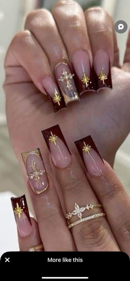 Dark Red Acrylic Nails Coffin Designs, New Years Nails Burgundy, Dark Red Nails Gold Accent, Red French Tip Nails Square With Gems, Burgundy Baddie Nails, Dark Maroon Acrylic Nails, Square Acrylic Red Nails, Coffin Nails Designs Christmas, Medium Square Nails Fall