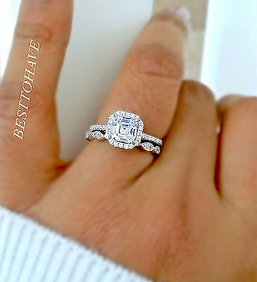 925 Silver Ladies 2 piece Asscher Cut Halo Wedding Engagement Ring Set Hand Shots, White Gold Promise Ring, Wedding Ring Ideas, Engagement Rings Princess, Engagement Ring Ideas, Future Engagement Rings, Ring Inspo, Wedding Rings Halo, Aquamarine Engagement Ring