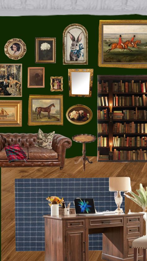 Ralph Lauren inspired office #ralphlauen #library #office Disney Inspired Office, English Office Design, Ralph Lauren Inspired Office, Ralph Lauren Office Aesthetic, Ralph Lauren Home Office, Ralph Lauren Library, Old School Office, Equestrian Office, Ralph Lauren Living Room