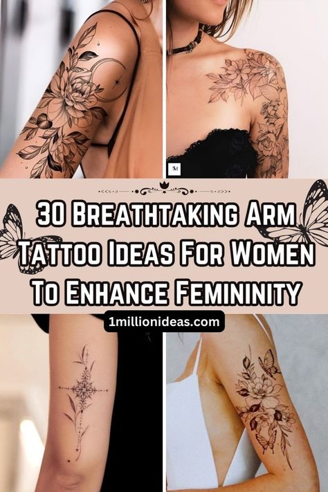 Ask any tattoo artist and they will say the arm is one of the best tattoo spots ever. So, if you are looking for stunning arm tattoo ideas for women, this list is for you. Shoulder, forearm, to an entire sleeve tattoo, we have everything you need to slay your next ink in style. Whether you want something elegant and discreet or creative and dramatic, we have you covered! Small Rib Tattoos, Arm Tattoo Ideas, Shoulder Sleeve Tattoos, Arm Sleeve Tattoos For Women, Feminine Tattoo Sleeves, Tattoos For Women Half Sleeve, Best Tattoos For Women, Spine Tattoos For Women, Pretty Tattoos For Women