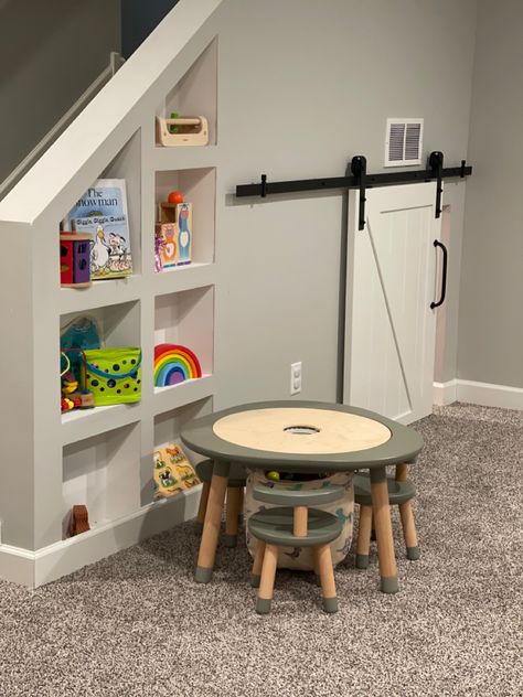 Creating extra space with built in sheetrock shelves and 1/2 barn door leading to under stair crawl space, perfect play area entrance!! Crawl Space Play Area, Sheetrock Shelves, Understairs Playspace, Crawl Space Playroom, Under Steps Play Area, Under Stair Play Area, Under Stairs Kids Space, Under Stairs Play Area, Hidden Playroom