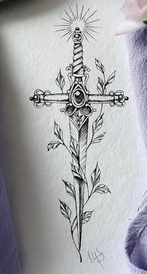 Athame Drawing, Dagger Tattoo Chest Woman, Dagger With Vines Tattoo, Dagger And Flower Tattoo, Thigh Dagger Tattoo, Athame Tattoo, Scepter Tattoo, Daggar Tattoo, Feminine Dagger Tattoo