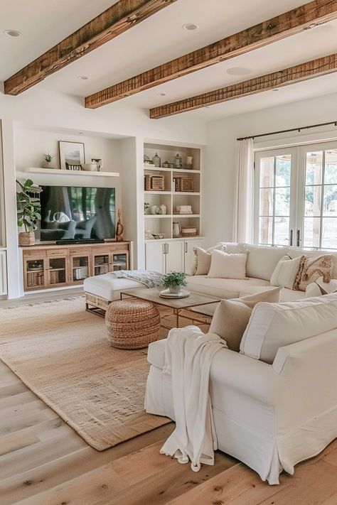 Creating The Perfect Boho Farmhouse Living Room Living Room French Country Modern, Living Room Ideas Vintage Modern, Modern But Homey House, Cozy Farmhouse Family Room, Mediterranean Tv Room, Serene Living Room Ideas, Cosy Farmhouse Living Room, Cream Colored Living Room Ideas, Dream Farmhouse Living Room