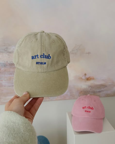 Art club loading.. 🩵🩵 Which one is your favorite? Ball Cap Aesthetic, Cool Merch Ideas, Cap Merch, Branded Merch, Etsy Pod, Caps Design, Brand Merch, Hiking Attire, Hats Design