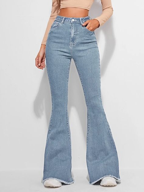 High Waist Slant Pocket Raw Hem Flare Leg Jeans | SHEIN USA Flair Jeans, Outfit Jeans, Flare Leg Jeans, Cute Jeans, Trendy Fashion Women, Contrast Stitch, Denim Women, Bell Bottom Jeans, Flare Jeans