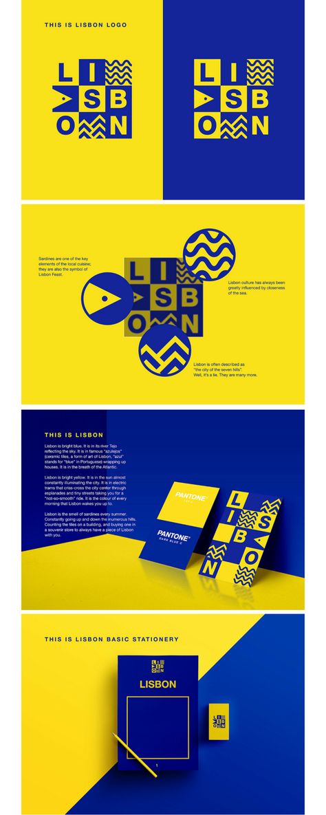 Lisbona city branding                                                                                                                                                                                 More Yellow Blue Graphic Design, Brand Ci Design, Blue And Yellow Brand Identity, Brand Identity Pattern Design, Place Branding Cities, Place Branding Design, Blue And Yellow Design Graphic, Brand Visual Identity System, Pattern Brand Identity