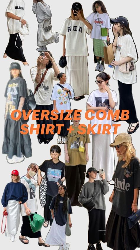 Oversized Summer Outfit, Shirt Skirt Outfit, Summer Vintage Outfits, Plus Size Aesthetic Outfits, Oversized Tee Outfit, Printed Skirt Outfit, Oversized Shirt Outfit, Oversize Outfit, Outfit Oversize