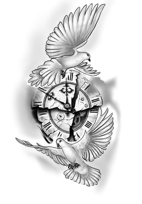 Clock Tattoo Design For Men Arm, Tattoo Designs Men Chest, Dove Tattoo Design For Men, Dove Tattoo Men, Clock Tattoo Design For Men, Clock Tattoo Designs, Tattoo Pieces, Clock Tattoos, Memorial Tattoo Designs