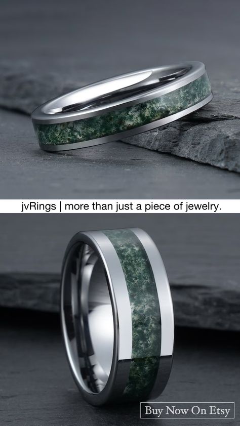 This elegant silver tungsten ring with green moss agate will make a truly stunning statement on any occasion. Its unique design features a classic silver band with a bold, eye-catching inlay of natural green moss agate. #MensWedding Ring #WeddingBand #AnniversaryRing #Engagement Ring #PromiseRing Moss Agate Ring For Men, Moss Agate Mens Ring, Agate Wedding Ring, Agate Wedding, Green Moss Agate, Moss Agate Ring, Garden Grove, Ring Mens, Cute Wedding Ideas