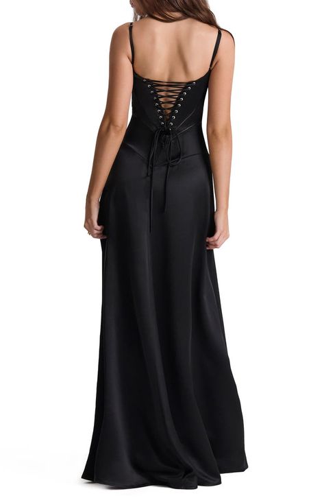 HOUSE OF CB Anabella Lace-Up Satin Gown | Nordstrom Lace Up Back Dress Corsets, Corset Back Dress, Lace Up Back Dress, Black Corset Dress, Dark Decor, Maxi Evening Dress, Evening Dress Floor Length, Satin Color, Satin Gown