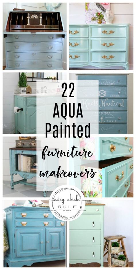 Aqua painted furniture makeovers...ideas and inspiration! artsychicksrule.com #aquafurniture #aquapaintedfurniture #aquafurnitureideas Aqua Painted Furniture, Navy Painted Furniture, Aqua Dresser, Teal Painted Furniture, Secretary Desk Makeover, Green Painted Furniture, Black Painted Furniture, Furniture Makeover Ideas, Furniture Colors